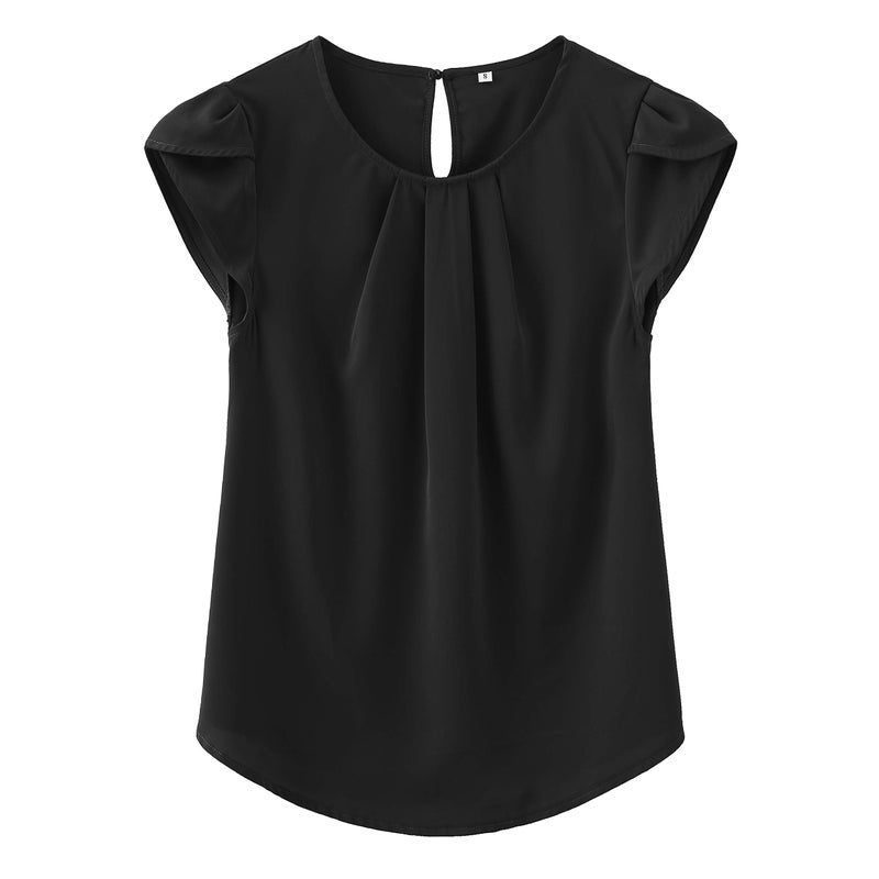 TASAMO Women's Casual Round Neck Basic Pleated Top Cap Sleeve Curved Keyhole Back Chiffon Blouse (Large, Black) - Image 1